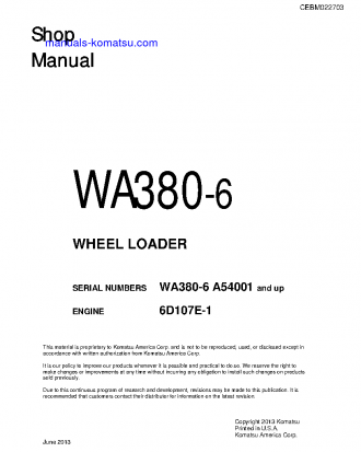 WA380-6(USA) S/N A54001-UP Shop (repair) manual (English)