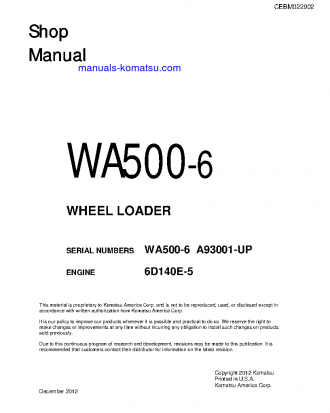 WA500-6(USA) S/N A93001-UP Shop (repair) manual (English)