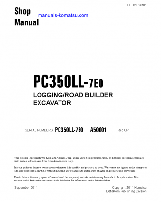PC350LL-7(USA)-TIER 3 S/N A50001-UP Shop (repair) manual (English)