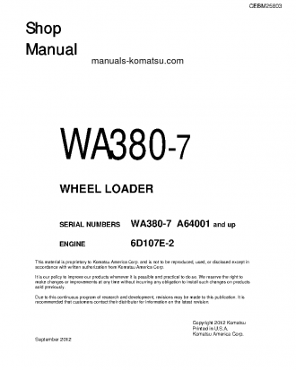WA380-7(USA) S/N A64001-UP Shop (repair) manual (English)