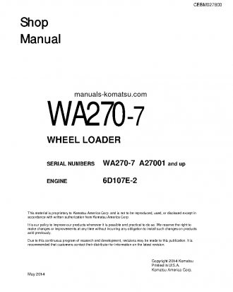 WA270-7(USA) S/N A27001-UP Shop (repair) manual (English)