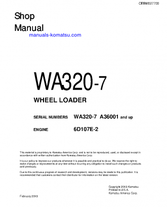 WA320-7(USA) S/N A36001-UP Shop (repair) manual (English)