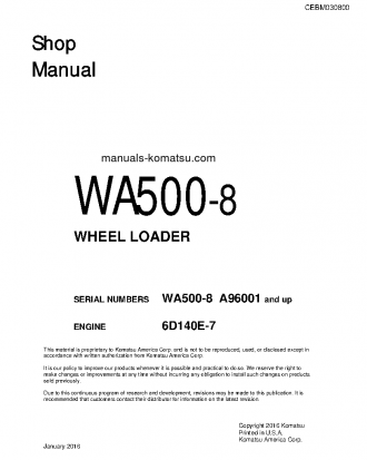 WA500-8(USA) S/N A96001-UP Shop (repair) manual (English)