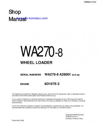 WA270-8(USA) S/N A28001-UP Shop (repair) manual (English)