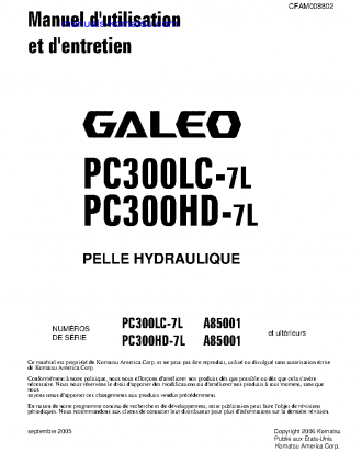 PC300LC-7(USA)-L S/N A85001-UP Operation manual (French)