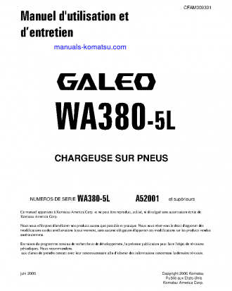 WA380-5(USA)-L S/N A52001-UP Operation manual (French)