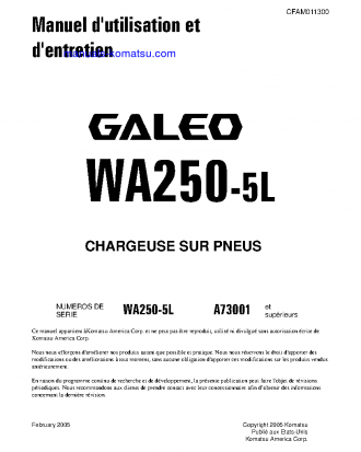 WA250-5(USA)-L S/N A73001-UP Operation manual (French)