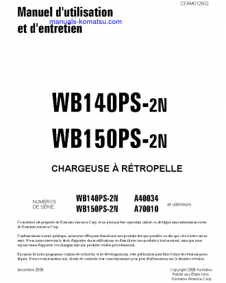 WB150PS-2(USA)-N S/N A70010-UP Operation manual (French)