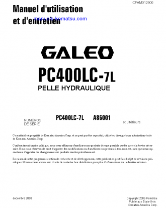 PC400LC-7(USA)-L S/N A86001-UP Operation manual (French)