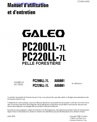 PC200LL-7(USA)-L S/N A86001-UP Operation manual (French)