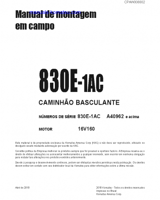 830E-1(USA)-AC S/N A40962-UP Field assembly manual (Portuguese)