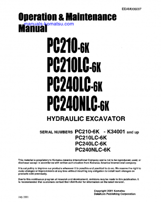 PC210-6(GBR)-K S/N K34001-K34551 Operation manual (English)