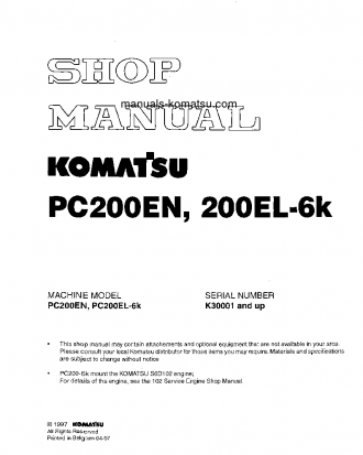 PC200EL-6(GBR)-K S/N K30001-K32000 Shop (repair) manual (English)