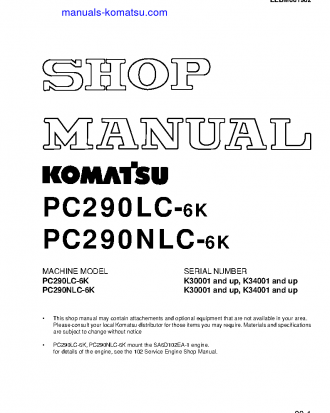 PC290NLC-6(GBR)-K S/N K30001-UP Shop (repair) manual (English)
