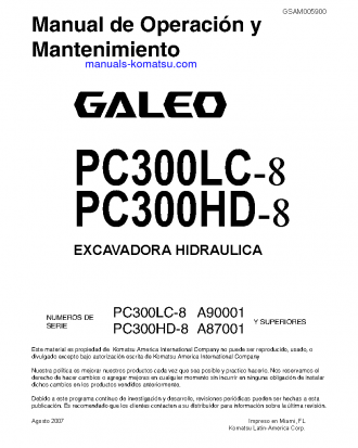 PC300LC-8(USA) S/N A90001-UP Operation manual (Spanish)