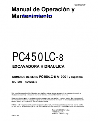 PC450LC-8(USA) S/N A10001-UP Operation manual (Spanish)