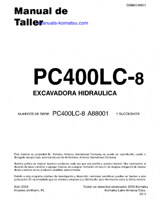 PC400LC-8(USA) S/N A88001-UP Shop (repair) manual (Spanish)