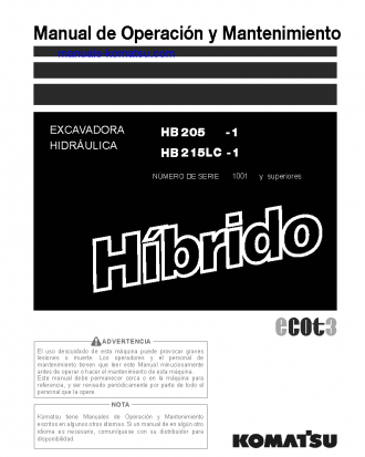 HB215LC-1(JPN)-HYBRID GREASING INTERVAL 500 HOUR S/N 1001-UP Operation manual (Spanish)