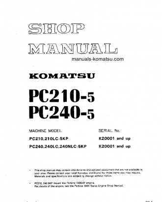 PC210-5(GBR)-KP S/N K20001-UP Shop (repair) manual (English)