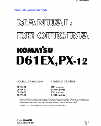 D61EX-12(BRA) S/N 1001-UP Shop (repair) manual (Portuguese)