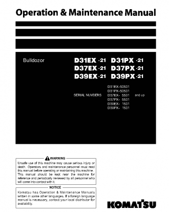 D39PX-21(JPN)-MINOR CHANGE S/N 1501-UP Operation manual (English)