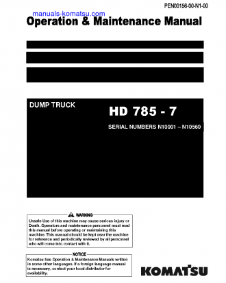 HD785-7(IND)-50C DEGREE M/C SPEC S/N N10001-N10560 Operation manual (English)