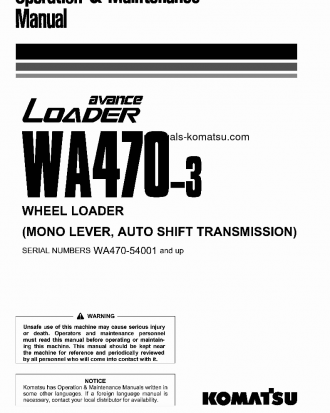 WA470-3(JPN)-MONO LEVER, AUTOSHIFT TRAMSMISSION S/N 54001-UP Operation manual (English)