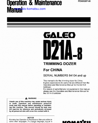D21A-8(JPN)-TRIMMING DOZER, FOR CHINA S/N 84104-UP Operation manual (English)