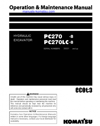 PC270-8(JPN)-WORK EQUIPMENT GREASE 500H S/N 30001-30116 Operation manual (English)