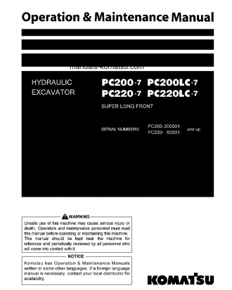 PC220-7(JPN)-SUPER LONG FRONT S/N 60001-UP Operation manual (English)