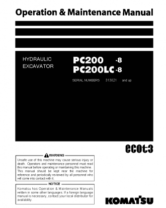 PC200-8(JPN)-WEBASTO HEATER SPEC., WORK EQUIPMENT GREASE 100H S/N 313821-315311 Operation manual (English)