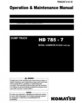 HD785-7(IND)-50C DEGREE M/C SPEC S/N N10561-UP Operation manual (English)