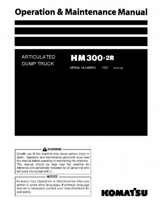 HM300-2(JPN)-W/O EGR S/N 7007-UP Operation manual (English)