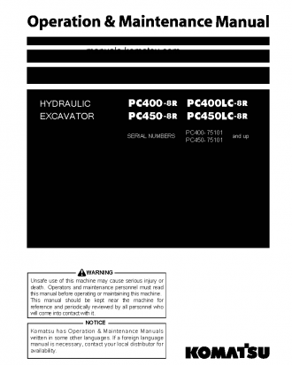 PC400-8(JPN)-R, WORK EQUIPMENT GREASE 100H S/N 75101-UP Operation manual (English)