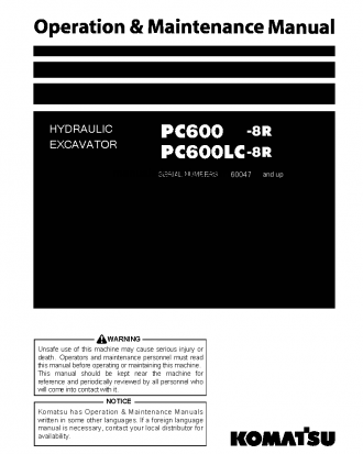 PC600-8(JPN)-W/O EGR S/N 60047-UP Operation manual (English)