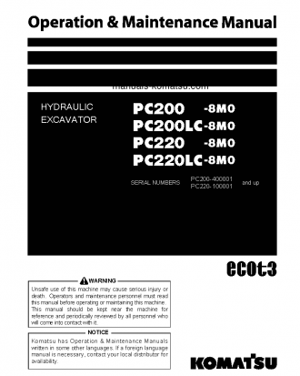 PC200-8(JPN)-M0, WORK EQUIPMENT GREASE 100H S/N 400001-400072 Operation manual (English)