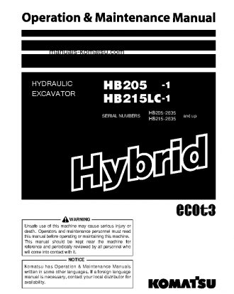 HB215LC-1(JPN)-HYBRID GREASING INTERVAL 100 HOUR S/N 2635-UP Operation manual (English)