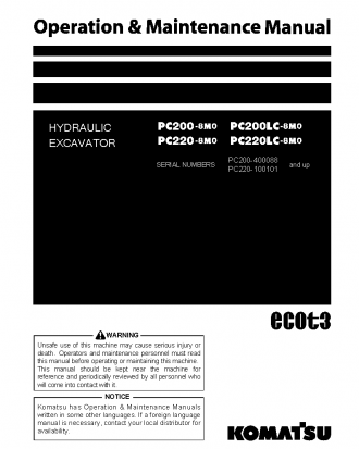 PC220-8(JPN)-M0, WORK EQUIPMENT GREASE 100H S/N 100101-100520 Operation manual (English)