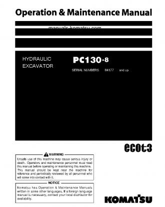 PC130-8(JPN)-ALL SAFETY LABELS ARE PICTORIAL S/N 84177-UP Operation manual (English)