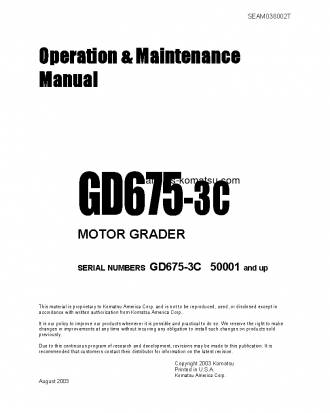 GD675-3(JPN)-FOR N. AMERICA S/N 50001-51000 Operation manual (English)