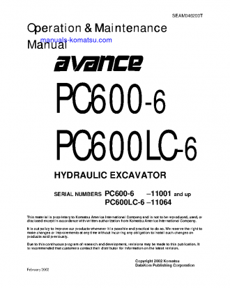 PC600-6(JPN) S/N 11001-UP Operation manual (English)