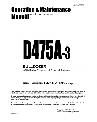 D475A-3(JPN)-PALM CONTROL SYSTEM S/N 10695-UP Operation manual (English)