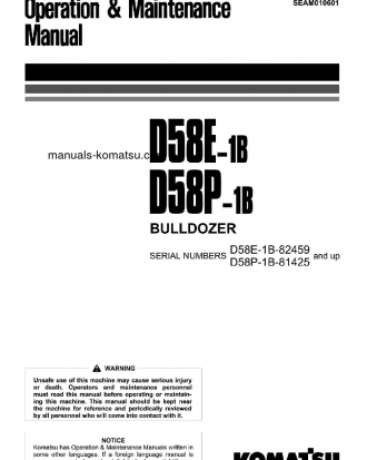 D58E-1(JPN)-POWER ANGLE AND TILT DOZER S/N 82458-UP Operation manual (English)