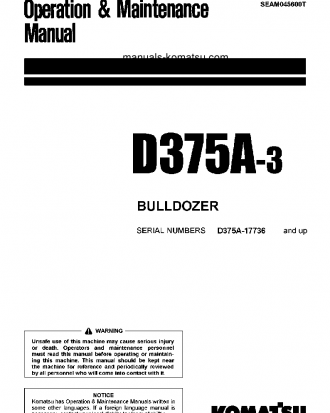 D375A-3(JPN)--50C DEGREE FOR CANADA S/N 17736-UP Operation manual (English)