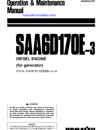 SAA6D170E-3(JPN)-FOR GENERATOR S/N 310999-UP Operation manual (English)