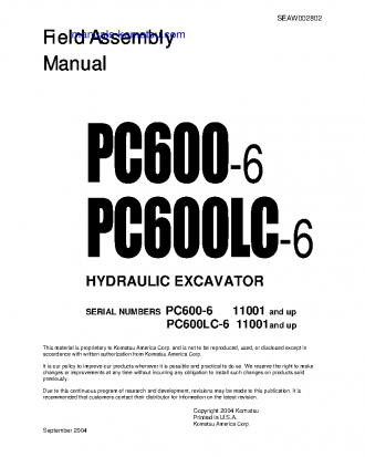 PC600LC-6(JPN) S/N 11001-11106 Field assembly manual (English)