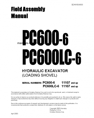 PC600LC-6(JPN) S/N 11107-UP Field assembly manual (English)