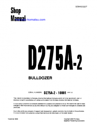 D275A-2(JPN) S/N 10001-UP Shop (repair) manual (English)