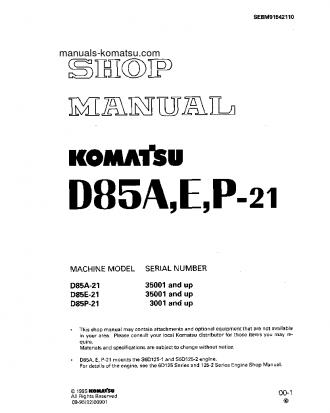 D85E-21(JPN) S/N A35686-A35861 Shop (repair) manual (English)