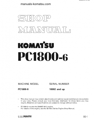 PC1800-6(JPN) S/N 10002-10010 Shop (repair) manual (English)
